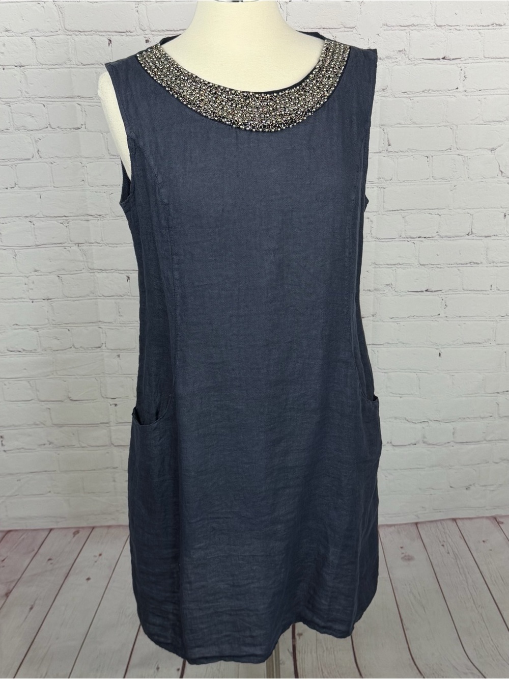 Lina Tomei Linen Embellished Collar Navy Midi Dress XL Quiet Luxury, Classic